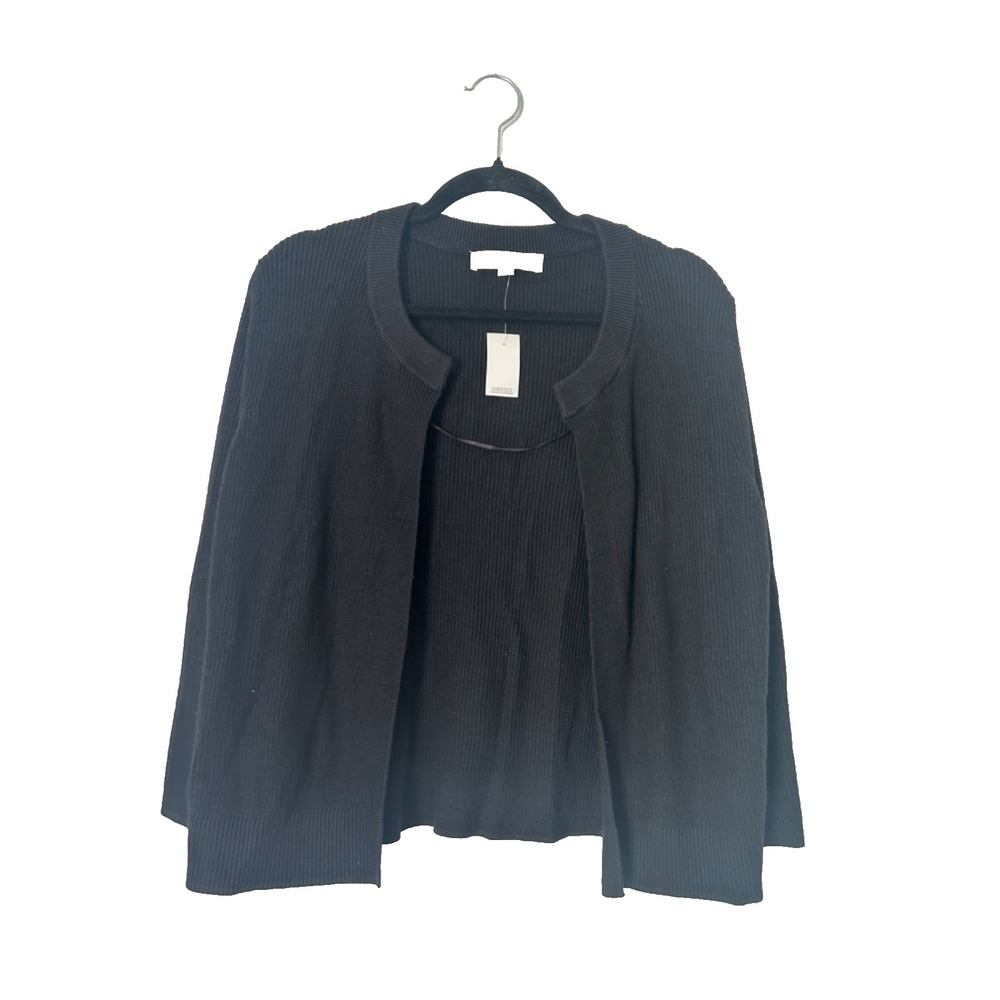 Ann Taylor Loft Cardigan Womens SZ L Black Ribbed Cropped Open Front Long Sleeve